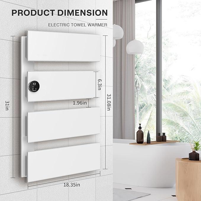 K&KALONZO Electric Towel Warmer, 18.35" W x 31" H Wall-Mounted Towel Heater with Built-in Timer, Waterproof Aluminum Towel Warmer for Bathroom, Support Plug-in and Hardwired, White, K4-L-W