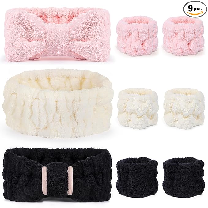 DiyJibb 9 Pcs Spa Headband for Washing Face,Skincare Headband and Wristband Set,Women Teen Girls Facial Hairbands for Washing Face, Makeup, Sports, Yoga (pink+apricot+black)