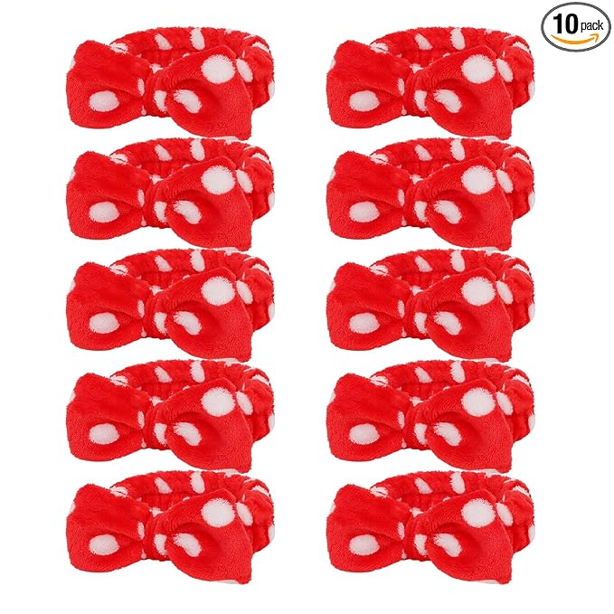 Casoty 10 Pcs Red Dot Makeup Headbands, Spa Gifts for Women Girls, Soft Coral Fleece Skincare Headband, Bow Hair Bands, Beauty Headbands for Face Washing Shower Skin Care Yoga