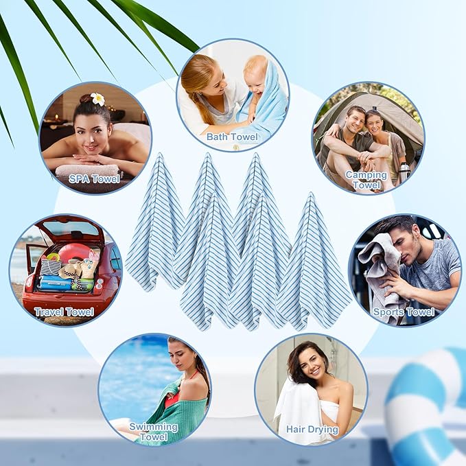 SmoothNovelty 16 Pack Microfiber Bath Towels Bulk 27'' x 60'' Oversized Size Bath Towel Highly Absorbent Extra Large Soft Drying for Beach Shower Summer Salon Sport Gym Party (Stripes,Blue)