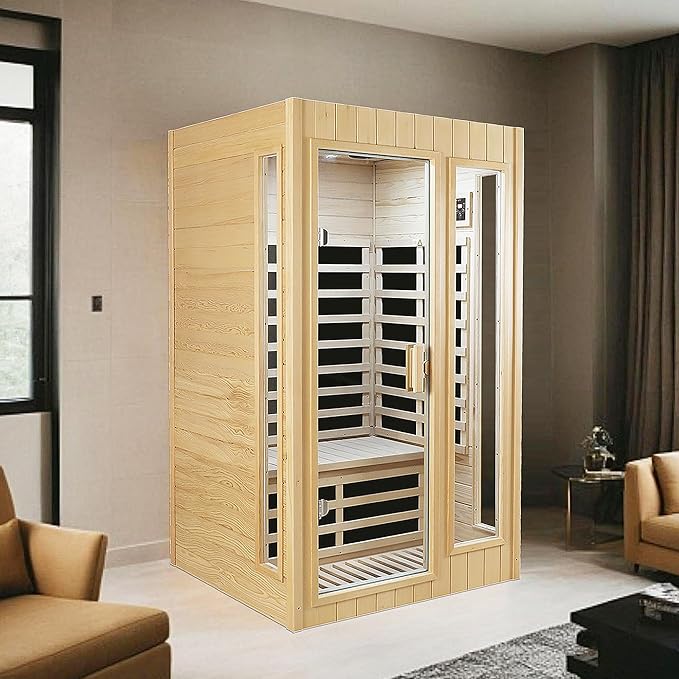 2 Person Sauna, Low EMF Far Infrared Sauna, 1500W Hemlock Wood Sauna Indoor Sauna Infrared Sauna for Home with Bluetooth Speakers, Reading Lamps, Tempered Glass