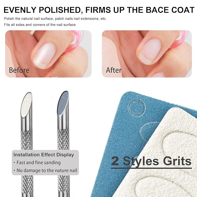 Pre-treatment Cuticle Pusher, Russian Prep Nail Pushers, Dual Ended Cuticle Remover with 100/180 Grit Sandpaper Sheets, Nail Care for Manicure Pedicure Nail Art