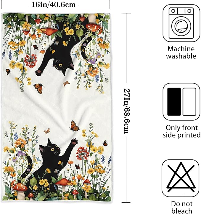 Accnicc 2 Pack Black Cat Bathroom Hand Towels Decorative Spring Floral Dish Kitchen Towel 16x27 Inch Botanical Butterfly Mushroom Wildflowers Absorbent Soft Microfiber Bath Towels Hotel Spa Decor