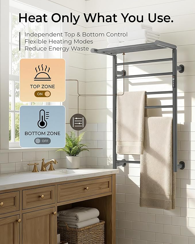 Foldable Heated Towel Rack, Dual-Zone Electric Towel Warmer Rack with Timer, GFCI Plug-in or Hardwired, Wall-Mounted, Drill-Free Installation, Twilight Grey, CA3-1100X550-Standard-TG