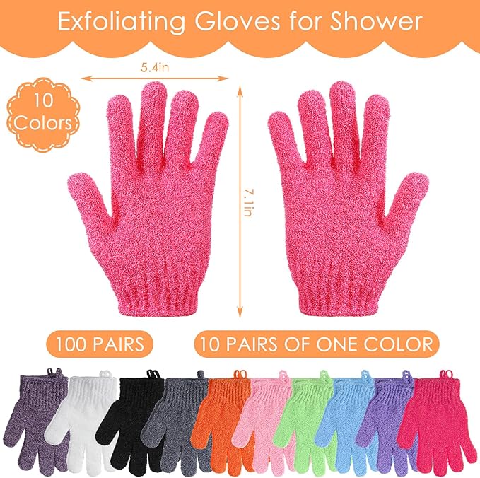 FoldTier 200 Pcs Exfoliating Gloves Bulk for Shower Body Double Sided Gloves Exfoliating Bath Mitt with Hanging Loop Bath for Women Men Bathing Skin Scrubber Accessories Beauty Spa(Multicolor)