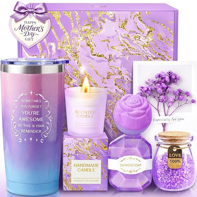 Birthday Gifts for Women, Mothers Day Gifts for Mom, Wife, Her, Friend, Teacher, Nurses, Coworker, Self Care Spa Baskets Set, Thank You Gift for Women Purple