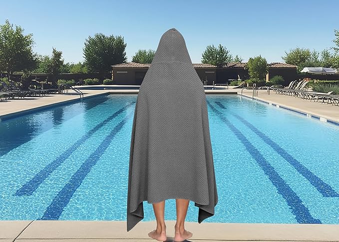 COTTON CRAFT Hooded Bath Towel – Oversized 35 x 70 Waffle Weave Towel with Hood for Adults - 100% Ringspun Cotton Pool Bath Sheet Wrap with Hood - Soft Super Absorbent Quick Dry – 450 GSM – Grey