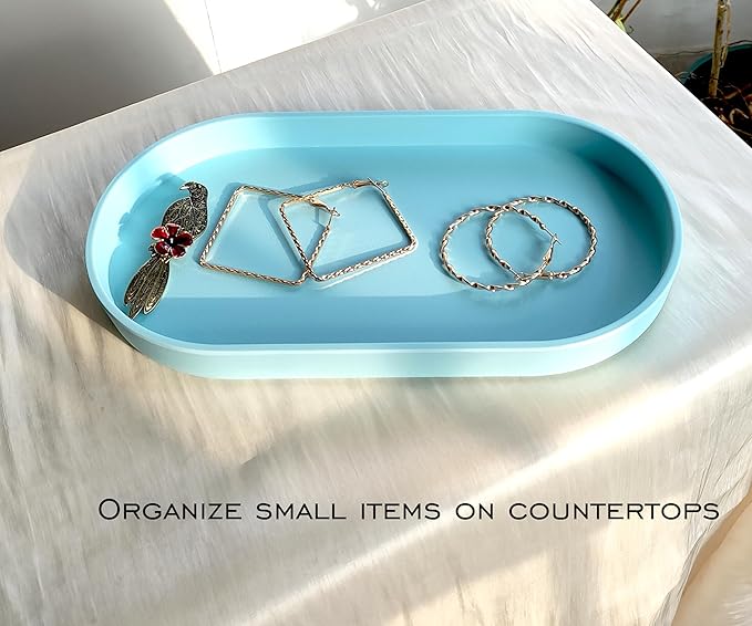 Blue Small Tray (10 inch), 3 Pack Oval Tray for Kitchen Counter, Bathtub Bathroom Vanity Items, Countertop Organizer, Coffee Accessory, Bar, Serving Seasoning, Salt and Pepper, Soap, Perfume.