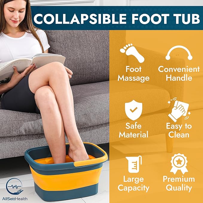 AllSett Health Collapsible Foot Bath – Advance Soaking Tub with Portable Design and Handle – Foldable Pedicure Foot Spa Bowl – Compact and Lightweight Soak with Acupressure Points, Blue and Orange