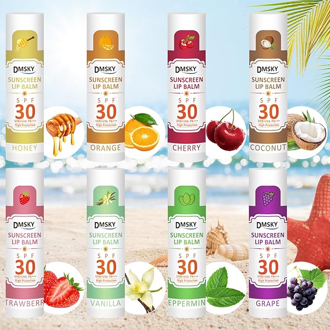 DMSKY SPF 30 Lip Balm Bulk 32 Pack, Clear Lip Sunscreen No White Cast, Broad Spectrum Sunblock for Lips with Vitamin E & Coconut Oil - Beach Essentials & Travel Size