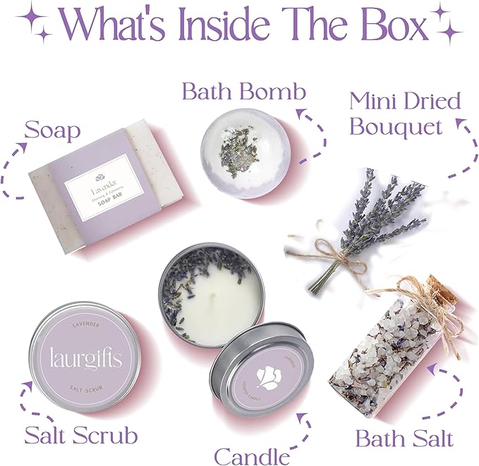 Mothers Day Gifts for Mom – Lavender Spa Gift Box, Small Candle Set with Bath Gifts, Relaxing Self Care Basket, Birthday Gift for Women
