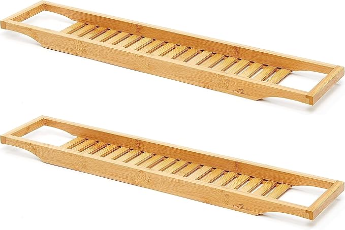 RoyalHouse Bamboo Bath Caddy Tray for Bathtub, with Book and Wine Glass Holder, Attractive Design, Suitable for Luxury Spa or Reading, Ideal Gift for Family & Friends (Pack of 2)