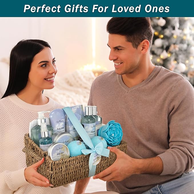 Aqua Elegante Bath Spa Gift Set - 15 Piece Premium Basket with Wash, Bubble Bath, Lotion, Salts, Body Scrub, Towel, Shower Puff, Bathbombs, Reusable Basket, Gifts for Women - Ocean & Coconut