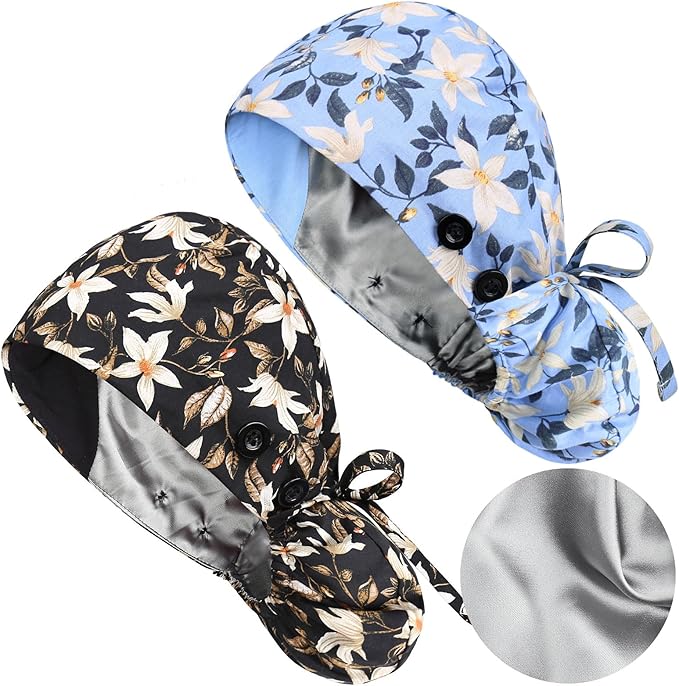Satin Lined Scrub Caps with Buttons & Sweathand, Surgical Caps for Women