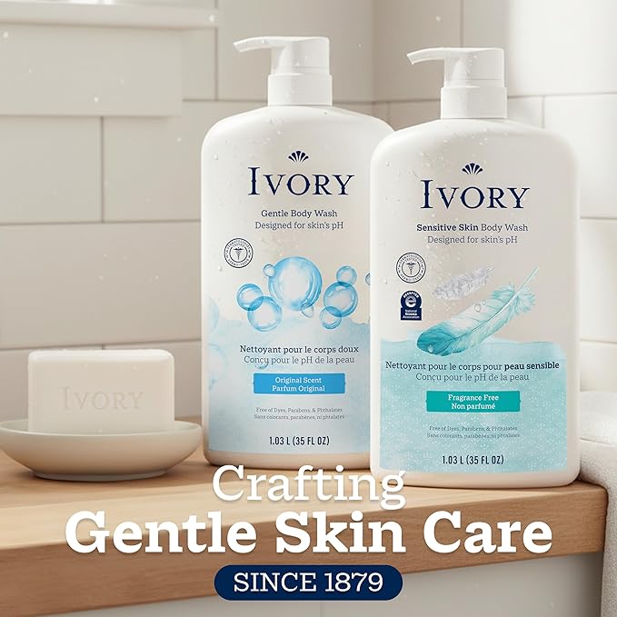 Ivory Body Wash, Designed for the Whole Family, Gentle Formula, Free of Dyes Heavy Perfumes Parabens Phthalates & Silicones, Designed for Skin's pH, Fragnance-Free, 35 oz