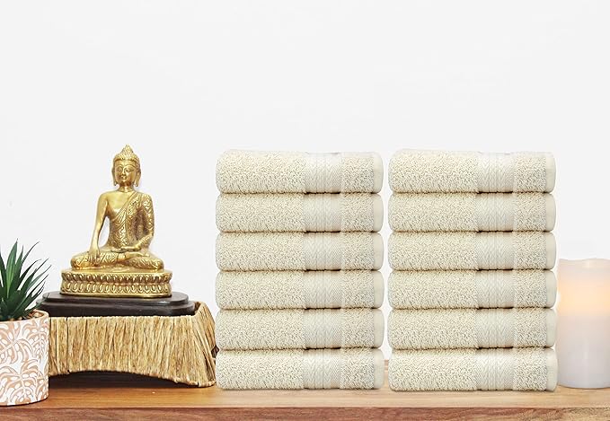 Cotton Craft Ultra Soft 12 Pack Wash Cloths 12x12 Ivory Weighs 2 Ounces Each - 100% Pure Ringspun Cotton - Luxurious Rayon Trim - Ideal for Everyday use - Easy Care Machine wash