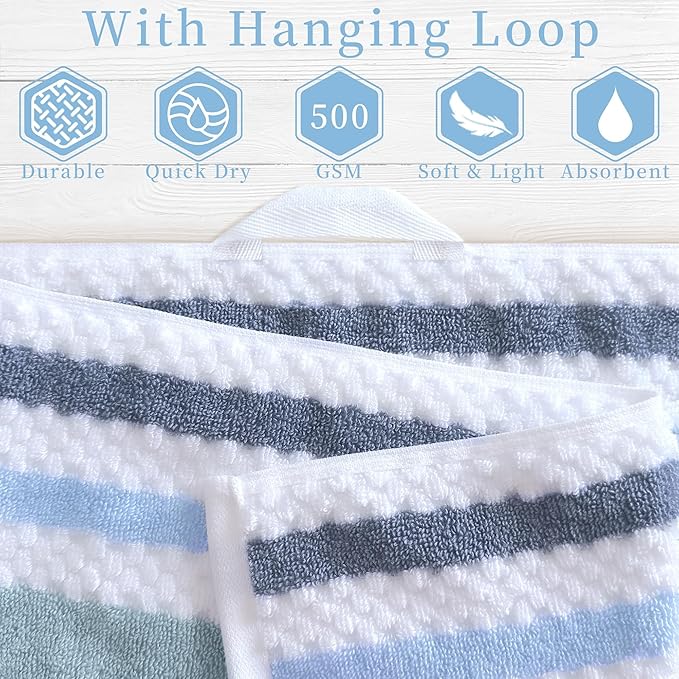 Waffle Towels for Bathroom - Quick Dry | Thick | Lightweight | 500GSM, 2Bath 28"x52", 2Hand 16"x27", 4Wash 13"x13", Cotton Polyester Blend Towels with Hanging Loops, Blue Gray Stripe and White
