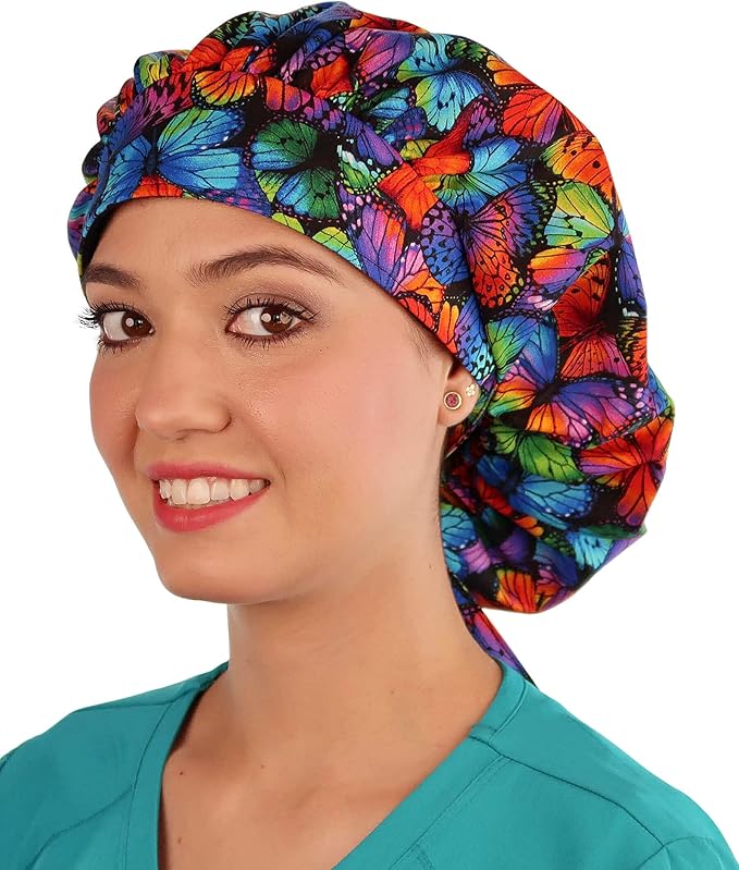 Sparkling EARTH Banded Bouffant Surgical Scrub Ponytail Working Caps and Built-in Sweatband - 100% Cotton - Made in The USA
