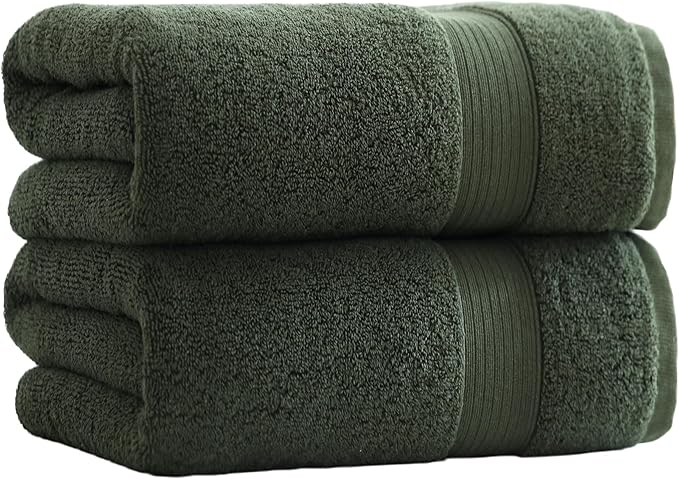 27x55 Bath Towels Set 100 Percent Cotton 650GSM Luxury Super Soft Absorbent Bathroom Towels (Olive Green,Pack of 2)