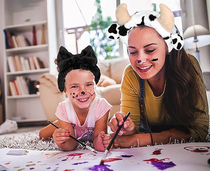 Women's Cow Print Spa Headband and Wristband Set for Washing Face (Cow print &Black)