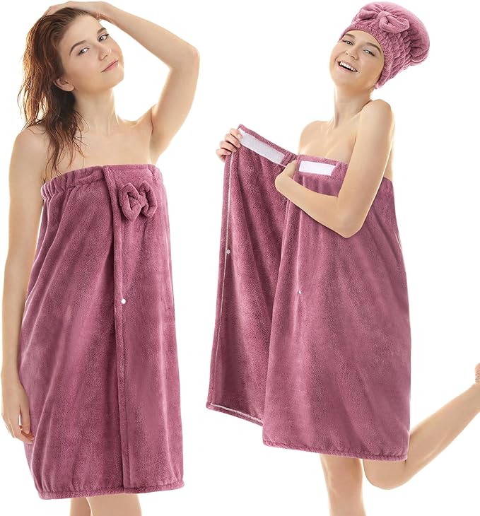 Xtinmee 2 Sets Normal Size Womens Wrap Towel with Hair Towel Bath Towel Wrap Shower Dress Towel Spa Wraps for Women's Bathrobe (Purple)