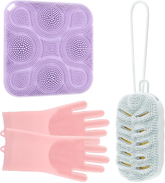 3 Pack Silicone Body Scrubber Set Include Silicone Bath Sponge Brush + Body Scrubber Pad + Gentle Exfoliating Glove, Quick-Dry & Hygienic, Long-Lasting and Easy to Clean, Ideal for Women, Men