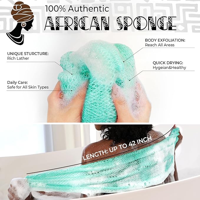 African Exfoliating Net Sponge Black & Seawave - 2 Pack Real African Net Authentic - Body Wash Scrubber for Shower Bath - Africa Bath Sponges for Men Back Scrubber Shower Accessories