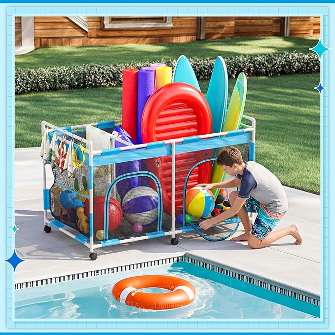 Briwooody 333 Gallon Pool Float Storage, 65" Swimming Pool Storage Organizer Rolling Bin with Zipper and Hooks for Outdoor Noodles, Toys, Towels, Floats, Beach Balls (Single Tier,65 x 37.4 x 31.9in)