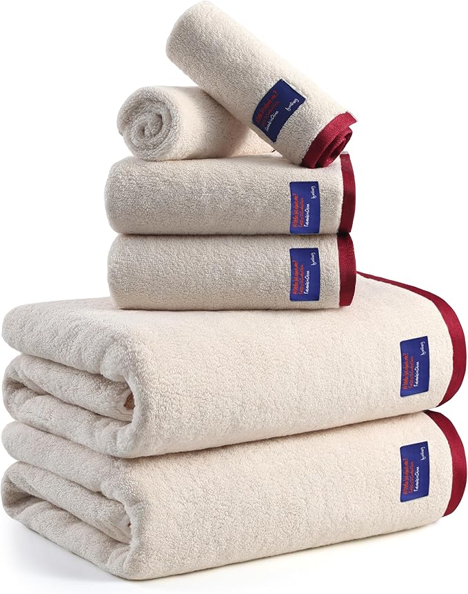 REDKISS 6 Piece Luxury Bath Towel Set, 2 Bath Towels, 2 Hand Towels, 2 Washcloths, 100% Cotton Ultra Soft Highly Absorbent Quick Dry Towels for Bathroom, Gym, Spa, Hotel, Beige Brown
