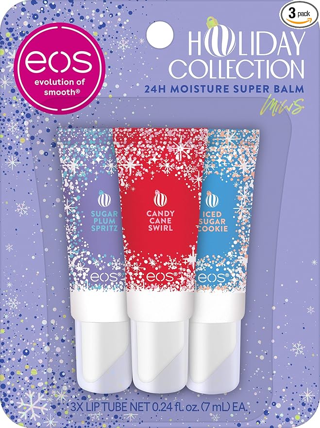 eos Holiday 24H Moisture Mini Super Balm Set, Sugar Plum Spritz, Candy Cane Swirl, Iced Sugar Cookie, Limited Edition Lip Care, Stocking Stuffers, 0.24 fl oz, 3-pack