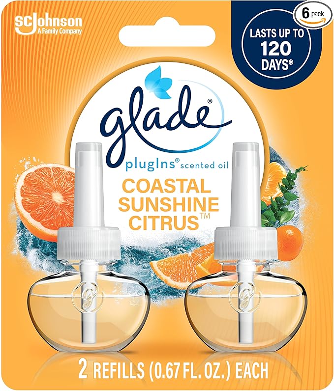 Glade PlugIns Refills Air Freshener, Scented and Essential Oils for Home and Bathroom, Coastal Sunshine Citrus, 1.34 Fl Oz, 2 Count (Pack of 6)