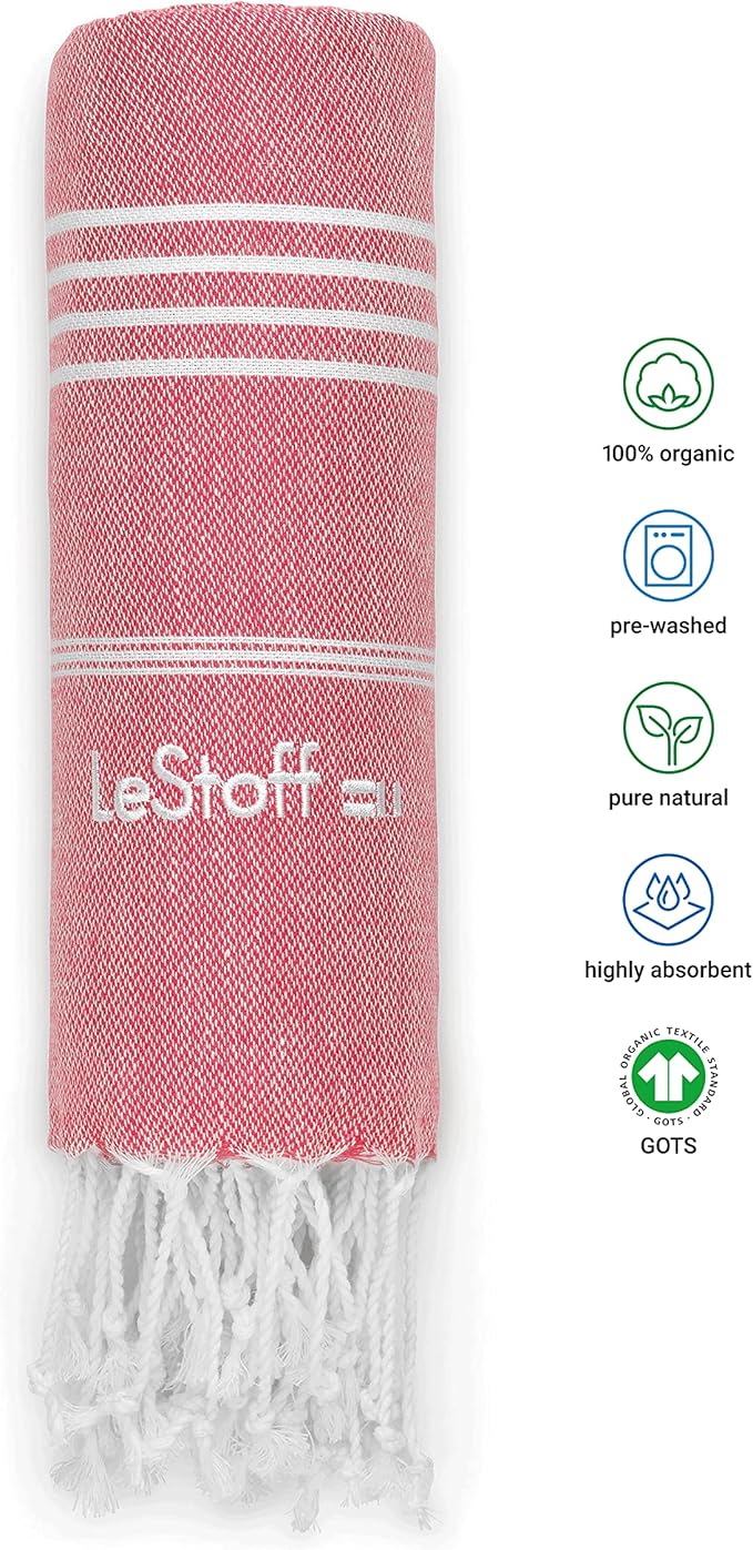 LeStoff Turkish Beach Towel 100% Organic Cotton Prewashed 38"x71" Soft Highly Absorbent Quick Drying Beach Pool Bath Yoga Gym Sauna Travel SPA Eco-Friendly Blanket Fouta Peshtemal - (Red)
