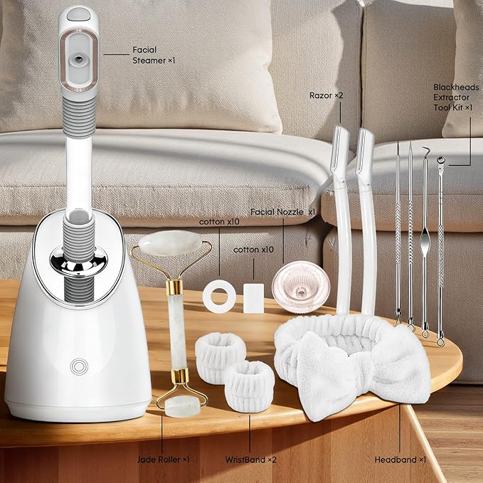 Pjordo Facial Steamer Spa Kit, Nano Ionic Face Steamer for Deep Cleaning Unclogs Pores, Warm Mist Humidifier Steamer for Face Home Sauna SPA, Self Care Gifts for Women