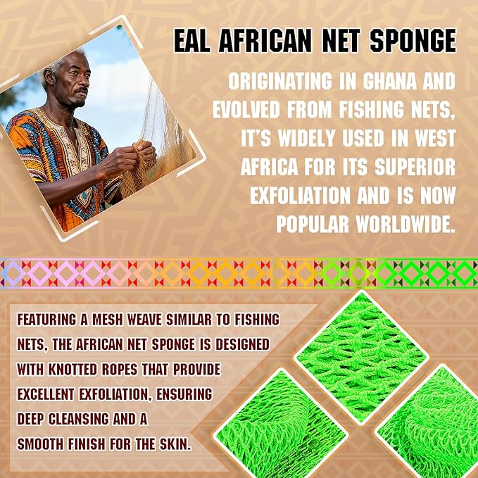 African Net Sponge Set (2 Pieces) - Premium Exfoliating Scrubber for Face & Body, Travel Portable, Durable, Gentle Exfoliation for Dry Skin(Pink,Green)