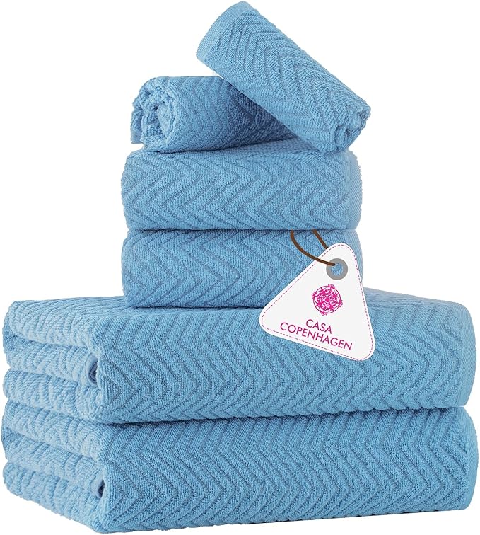 CASA COPENHAGEN Wave Textured 6 Pieces Towel Set- Dusty Blue, 550 GSM 2 Bath Towel 2 Hand Towel 2 Washcloth, Rough & Tough Use Cotton Towels Gift Set for Bathroom