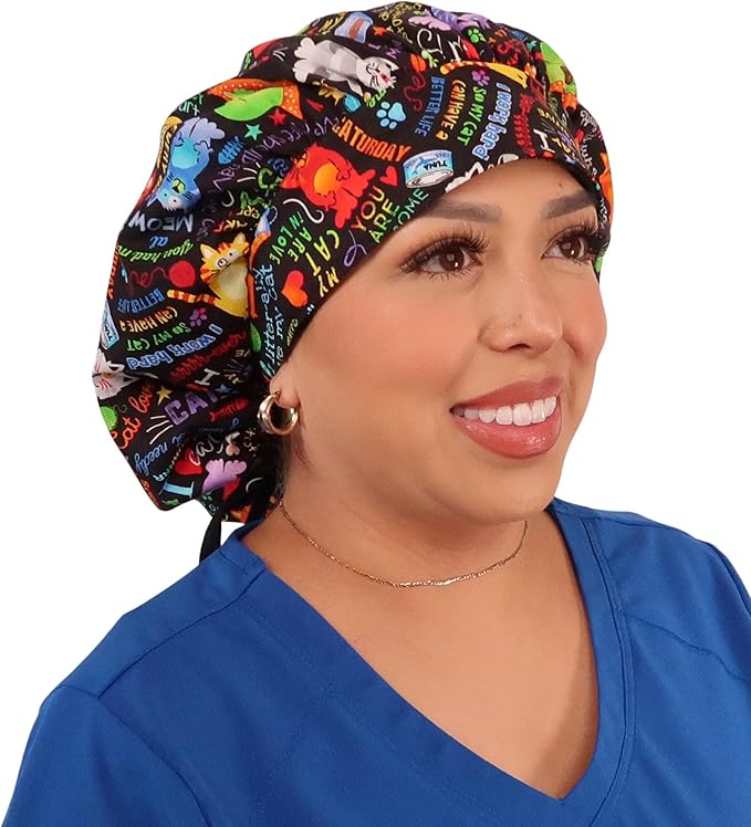 Sparkling EARTH Banded Bouffant Surgical Scrub Ponytail Working Caps and Built-in Sweatband - 100% Cotton - Made in The USA
