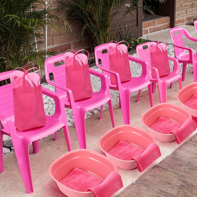 Thiccywoov 54Pcs Kids Foot Spa Party Supplies for Girl Spa Party Favors 6 Washbasin 6 Tote Bags 6 Hand Towels 6 Toe Separators 6 Hair Scrunchies 6 Hairband 6 Slipper 6 Eye Mask 6 Nail File(Rose Red)