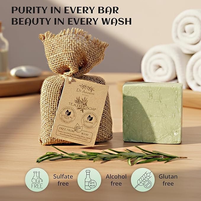 Dr.Ancient Tea Tree Soap Bar, Organic Soap Bars Handcrafted the Traditional Way, Natural Chemical-Free, Vegan, Used for Face and Body, Deep Cleansing, and Nourishing Daily Skin