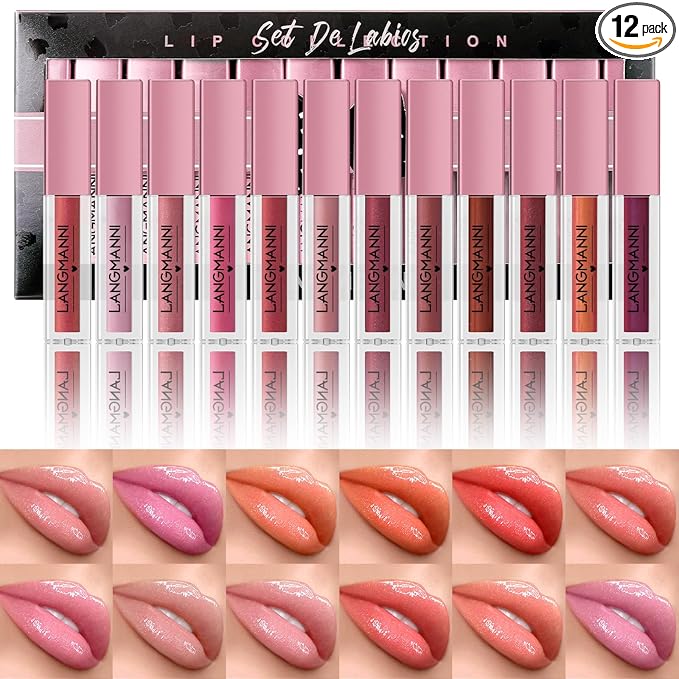 LANGMANNI 12Pcs Lip gloss Collection Makeup Set, Shiny Smooth Soft Liquid Lip Glosses Lip Stain With Rich Varied Colors For Girls And Women Makeup (Shimmery-B)