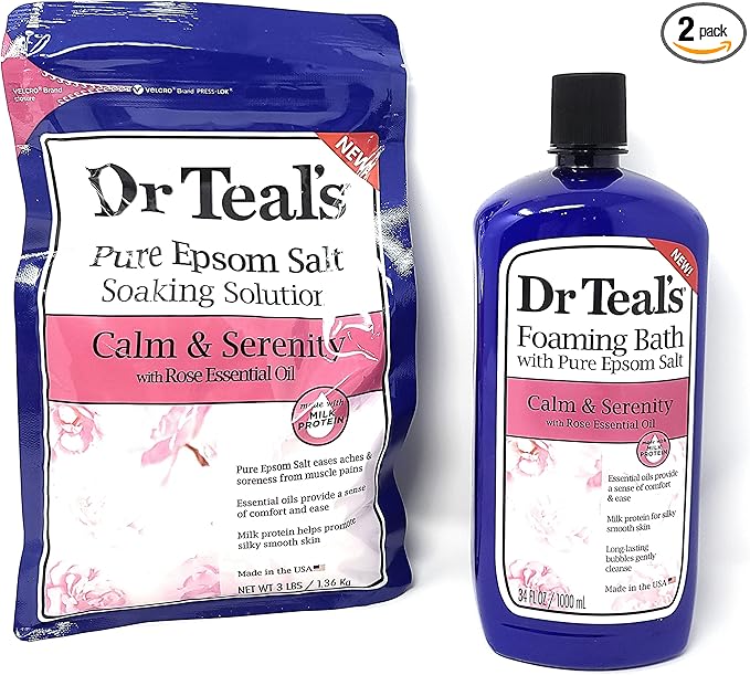 Bundle of Dr Teals Calm & Serenity with Rose Essential Oil (Made with Milk Protein): Pure Epsom Salt Soaking Solution 3 LBS & Foaming Bath 34 FL OZ