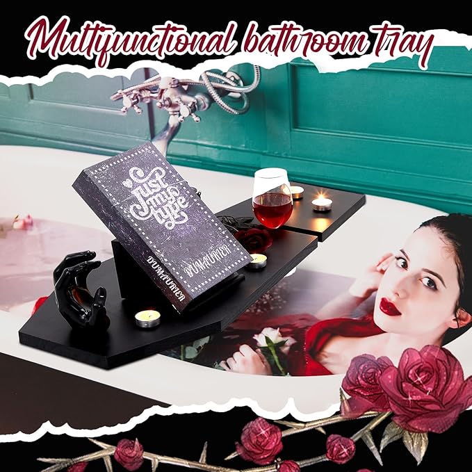 Barydat Halloween Decorations Coffin Bath Tray Gothic Coffin Serving Tray with Tablet Stand Spooky Goth Bathtub Caddy Black Wood Bath Board for Halloween Home Decor Bathroom Accessories
