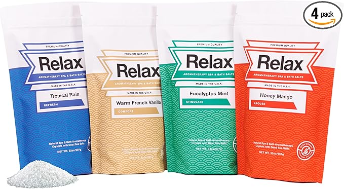 Relax Spa & Bath Aromatherapy Bath Salts Variety Pack for Hot Tub, Bath, or Spa, Infused with Magnesium, Bath Salt for Soaking, Four 2LB Bags