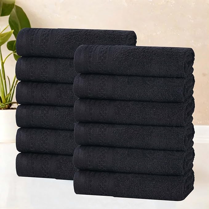 Superior Honeycomb Cotton Medium Weight Towels, for Guest Bath, Master Bathroom, Shower, Quick Dry, Adults, Home Essentials, Textured Waffle Border, Assorted Towel Set, 12 Piece Face Towel Set, Black