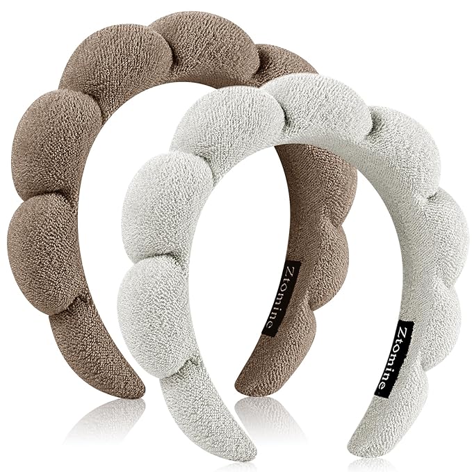 Ztomine Face Wash Headbands, Set of 2 - Terry Cloth Spa Headbands for Washing Face or Facial, Dark Khaki + Cement Ash