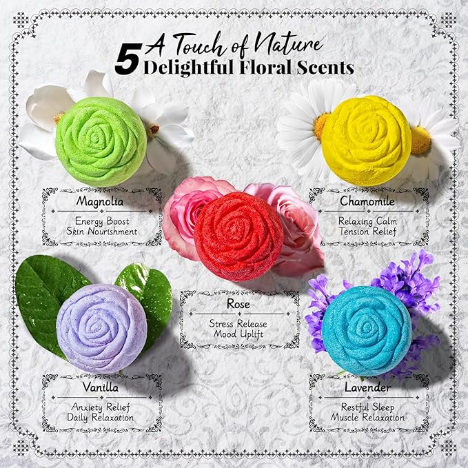 Bath Bomb Gift Set for Women – 10 Pack Handmade with Natural Essential Oils, 5 Aromatic Scents, Relaxing Rose Bubble Bath, Self Care Birthday & Summer Gifts for Mom, Wife, and Her