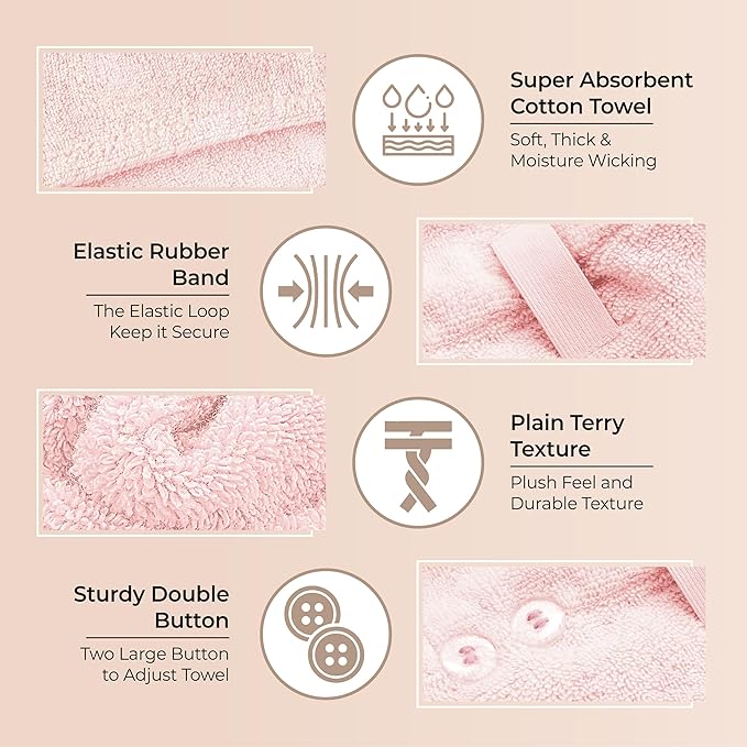 Cotton Hair Towel Wrap for Women/Kids | Quick Dry, Soft & Absorbent 420 GSM Hair Wrap Towels with Double Button | Anti Frizz, Non Microfiber Hair Turbans for Curly, Long Hair (Lilac+Pink)