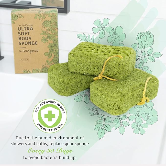 Spongentle Loofah Sponge for Shower and Bathing, Bath Sponge with Dual Texture, Shower Pouf for Gentle and Deep Exfoliation, Large Size Body Scrubber for Men & Women, PU Foam, 37% More Lather, 3 Pack