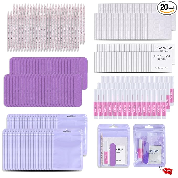 Press On Nail Tool Kit with Everything, Bebbtiy Press On Nail Prep Tool Kit Disposable Manicure Kit with Nail File, Nail Glue, Prep Pads, Adhesive Nail Tabs, Wood Stick, Packaging Bag (50pcs-purple)