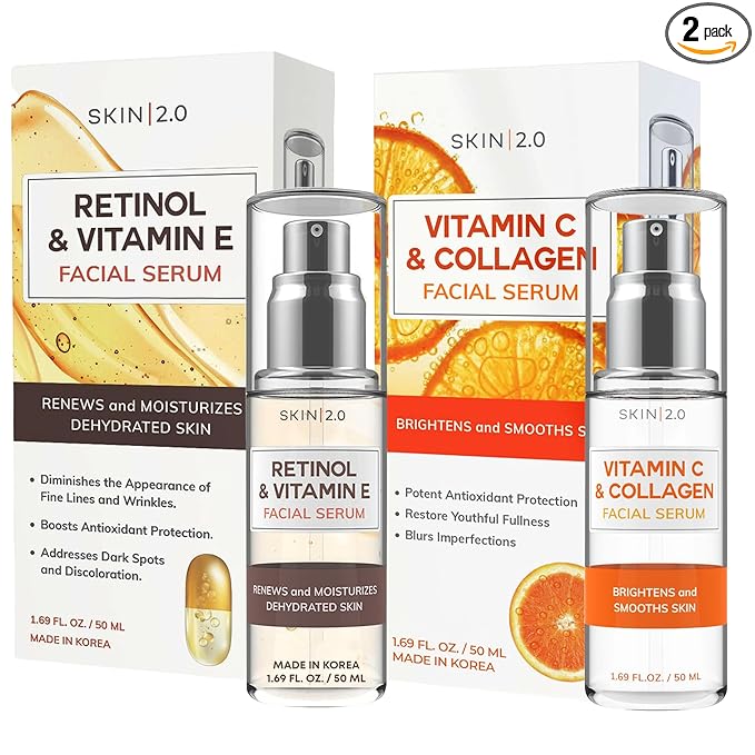 Skin 2.0 Retinol & Vitamin E + Collagen & Vitamin C Serum For Face – Dermatologist Tested, Anti Aging, Korean Skin Care – Smooths Lines, Firms, Hydrates, Revitalizes – Vegan, Clean Beauty – Pack of 2