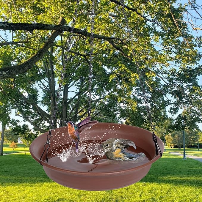 VUWEZ Hanging Bird Bath, Hanging Bird Water Feeder for Outdoors, Feeder Bowl, 2 Pack Birdbath Tray Accessories for Outside, Plastic Birdbaths Tray for Garden Patio Decoration (10", Chocolate)